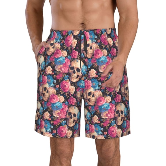 Honeii's Skull Blue Flower Print Men's Casual Shorts with Drawstring,Swim Trunks Quick Dry Beach Shorts