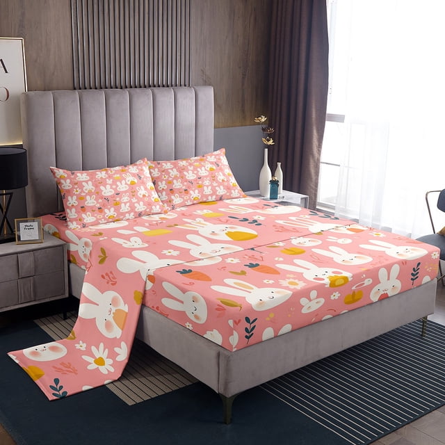 Cartoon Rabbit Queen Bed Sheets Set Pink Animals Cute Sheet Set,Kawaii Rabbit Themed Sheets for Kids Boys Girls Carrot Printed Bed Set