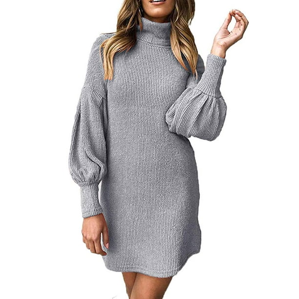 Pink Queen - Womens Turtleneck Ribbed Knit Puff Long Sleeve Pullover Sweater Mini Dress