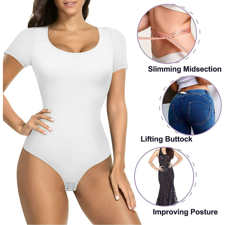 Irisnaya Shapewear Bodysuit for Women Butt Lifter Tummy Control Panties  Shapewear T-Shirt Thong Shaping Tank Top Round Neck Jumpsuits Short Sleeve  Blouse Tops(White XX-Large) 