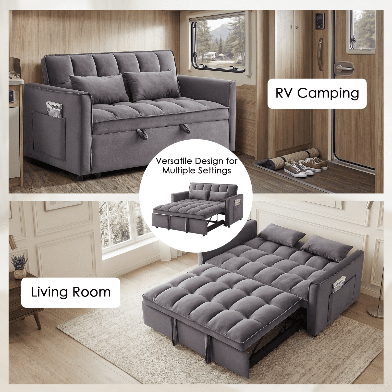 Amuille 3 in 1 Convertible Sleeper Sofa Bed, 54" Velvet Fabric Loveseat, Pull Out Couch for Living Room and Apartment (Dark Gray)
