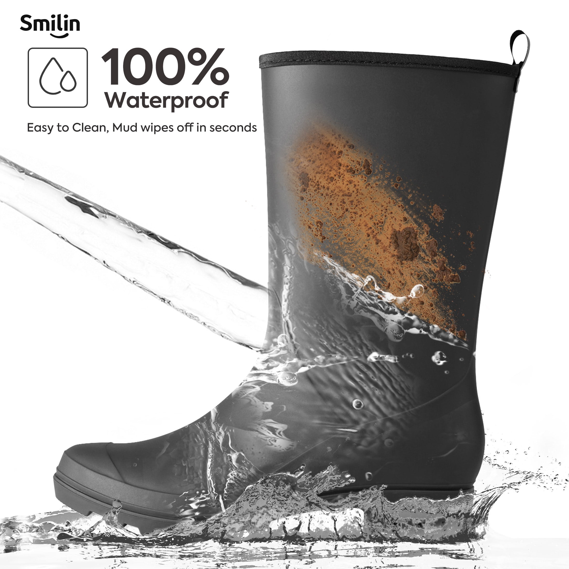 SMILIN Rubber Wide Calf Rain Boots for Women, Black, Size 9.5