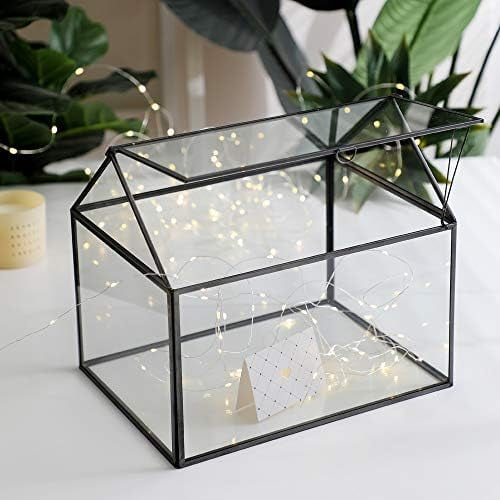 Large Glass Geometric Terrarium Container Tabletop Large Close House Shape Box Planter for Succulent Plant Moss Fern with Swing Lid Black Decor 12 x 9 x 10 inches, No Plants Included$$Garden &