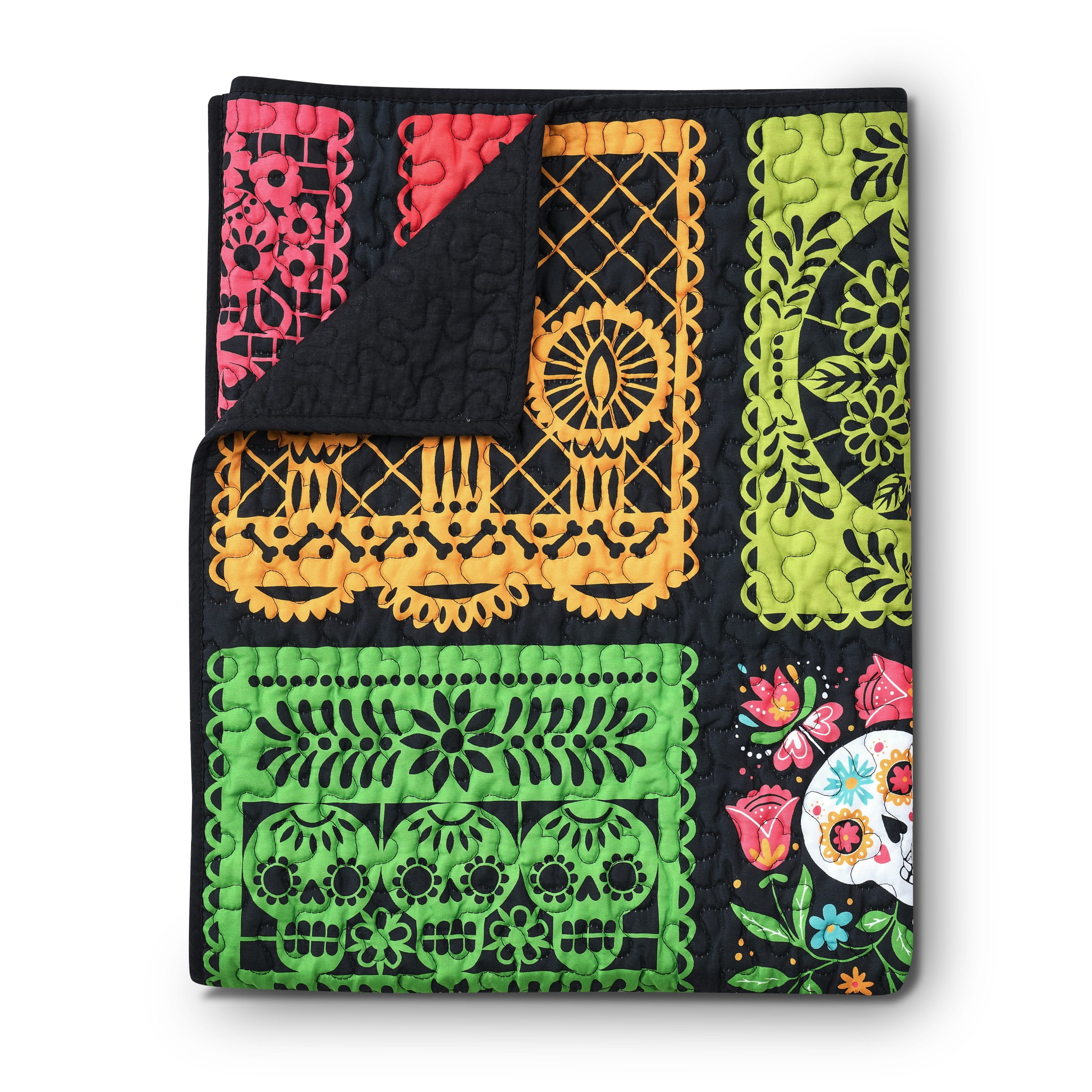 Greenland Home Fashions Day of the Dead Cotton-Rich Patchwork Picado Quilted Throw Blanket, for All Ages