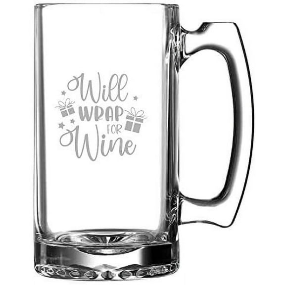 Will Wrap For Wine Merry Christmas Etched 25oz Beer Mug