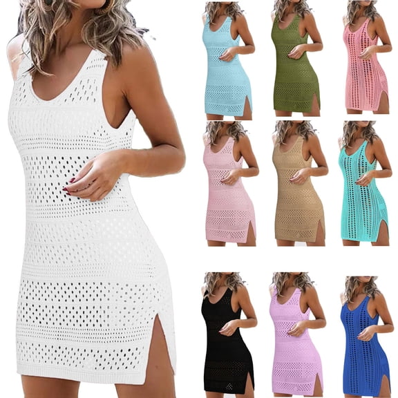 Husipze Swimsuit Coverup for Women Bathing Suit Cover Ups Crochet Beach Tank Dress Hollow Out Slit Bikini Cover Up Swimdress White S Clearance