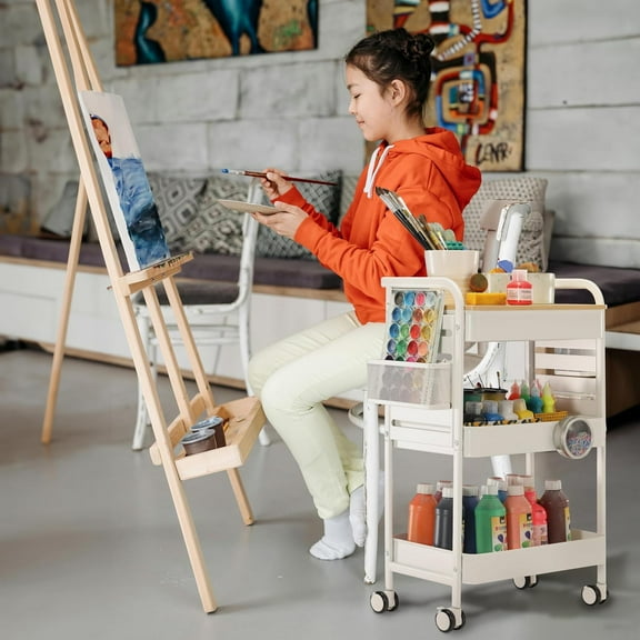 3-Tier Rolling Utility Cart with Tabletop, Pegboard, 2 Baskets & 6 Hooks - Metal Storage Organizer for Home, Office, Crafting & Kids’ Art Supplies