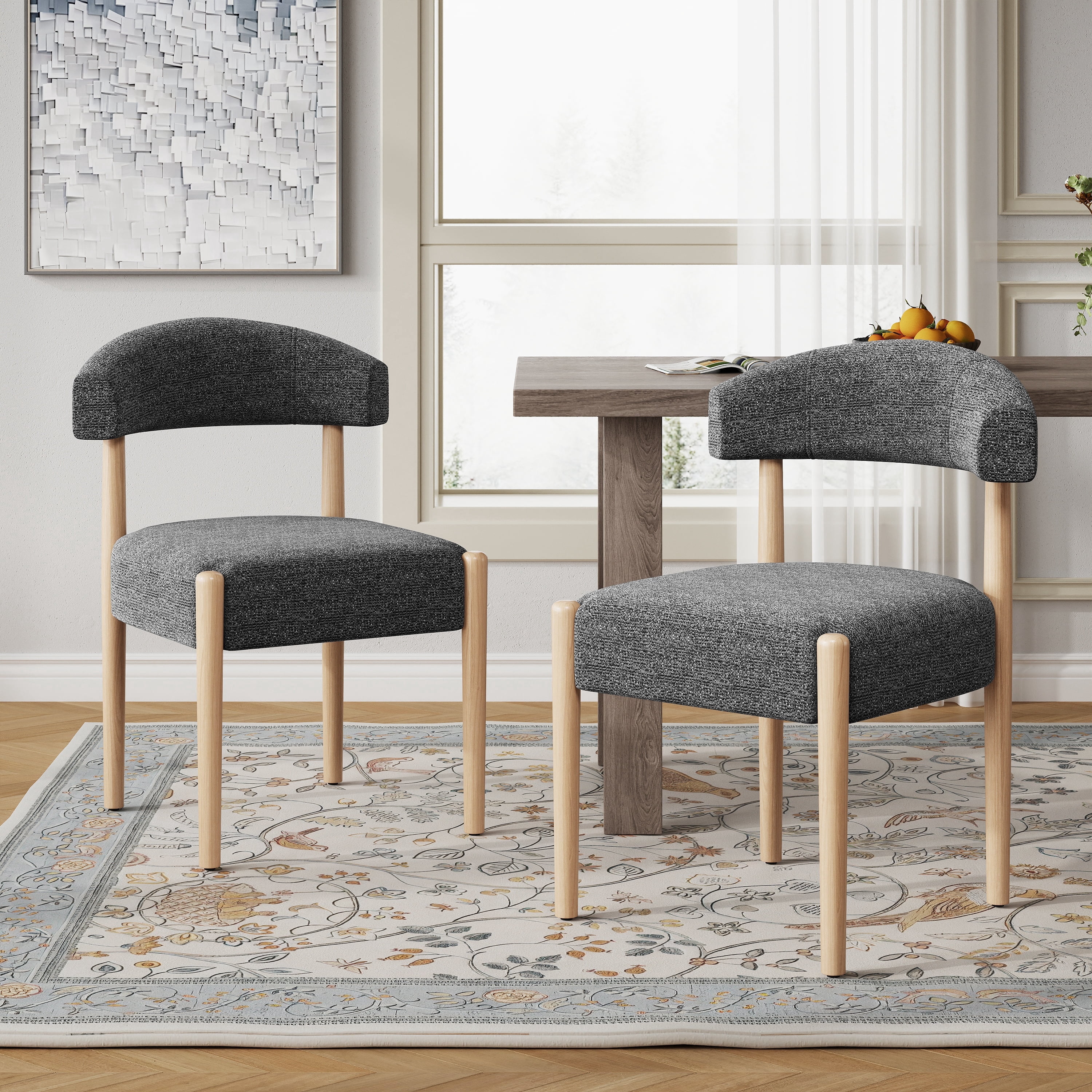 Vknow Furniture Minimalist Fabric Dining Chairs Set of 2 Solid Wood Legs Ergonomic Backrest for Dining Room Bedroom Study, Black