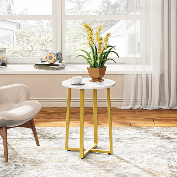 Round Accent End Table - 15.7 Inch Sturdy X-Shaped Metal Frame, Marble Golden Top for Living Room Bedroom Balcony Office