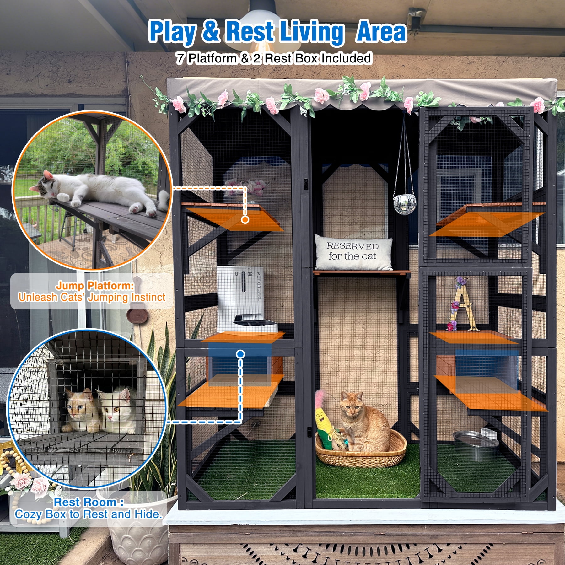 Suumerpety Catio Outdoor Cat Enclosure 70" Large Wooden Cat House with Weatherproof Roof & 7 Platforms & 2 Condons Window Catio for Indoors and Outdoors Black