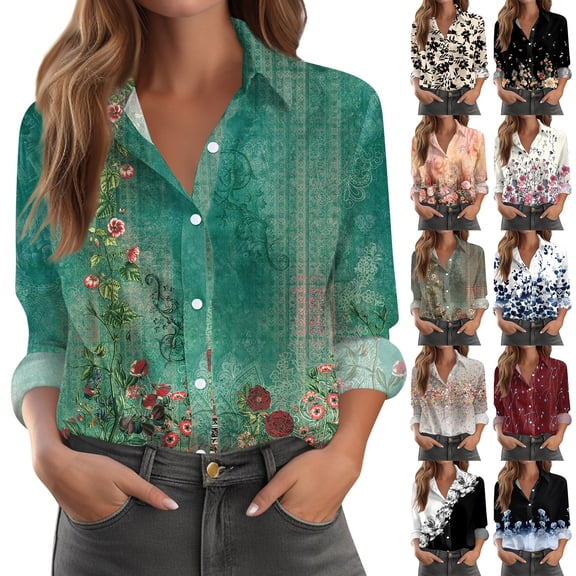 HAJWOH Womens Button Down Shirts Dressy Long Sleeve Floral Blouse Business Casual Work Office Fall Fashion Shirts