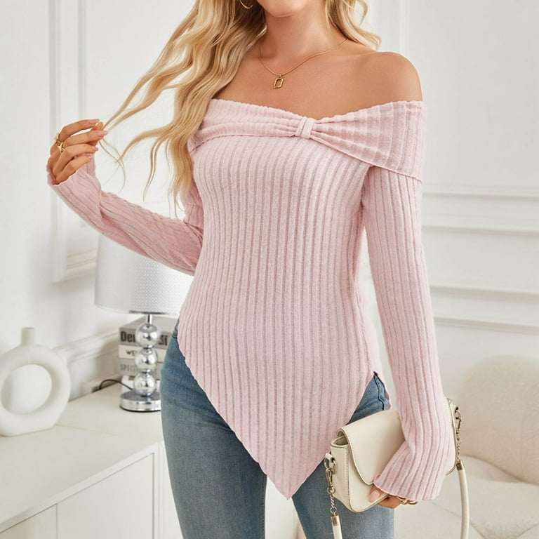 XFLWAM Women's Off Shoulder Knitted Sweater Long Sleeve Side Slit