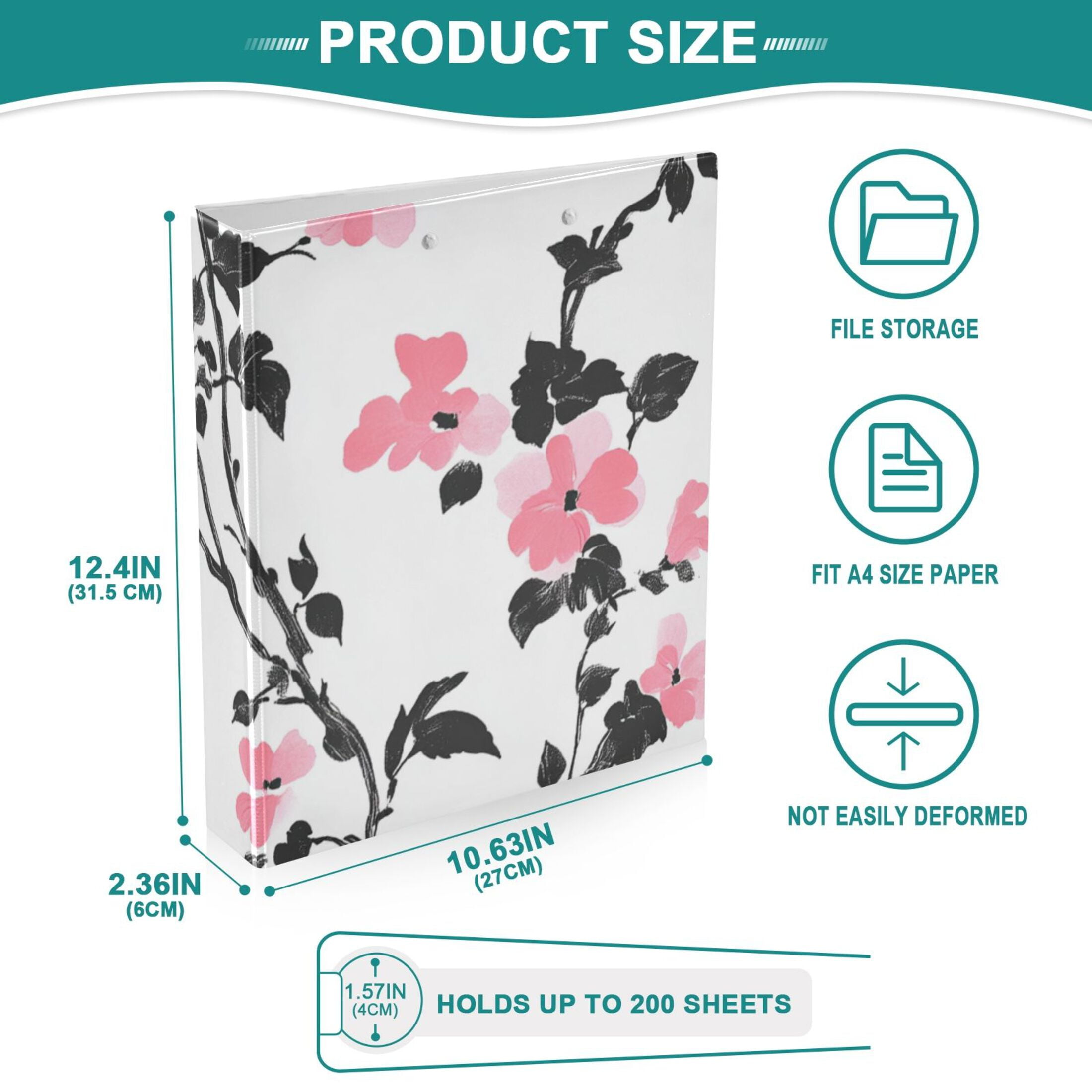 Pink Flowers Floral 3 Ring Binders 1.5 inch Hardcover File Folders with Interior Pockets A4 Size Organizer for School Office Hospital Set of 2