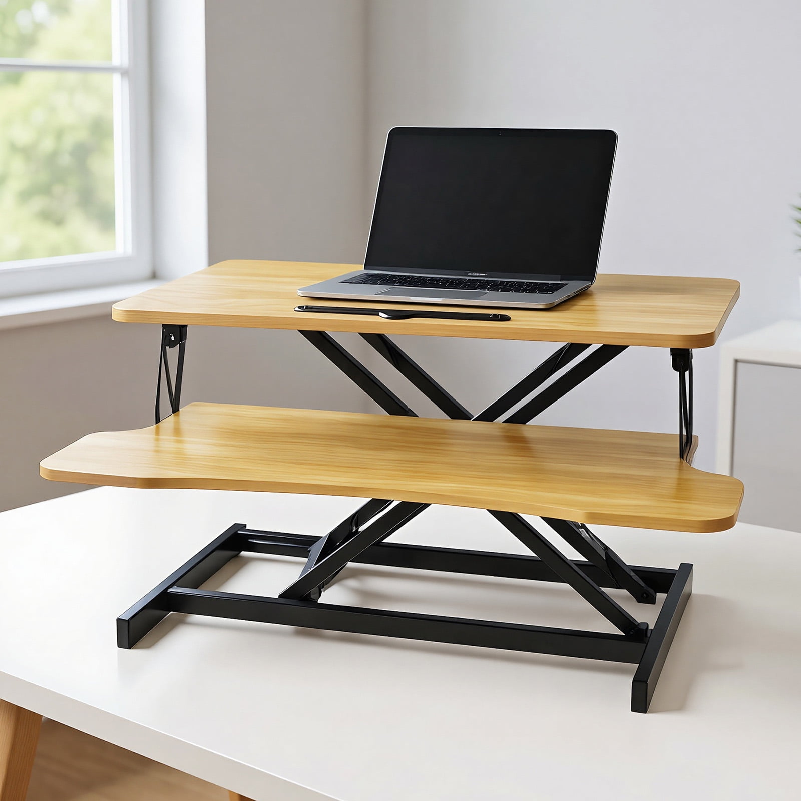 Standing Desk Converter, 32 Inch Standing Desk Adjustable Height for Table Tops and Home Office, Desk Riser Computer Workstation with Wide Keyboard Tray 2-Tier Desktop, Natural Wood