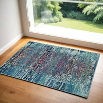 2' X 4' Blue Red And Orange Floral Distressed Area Rug
