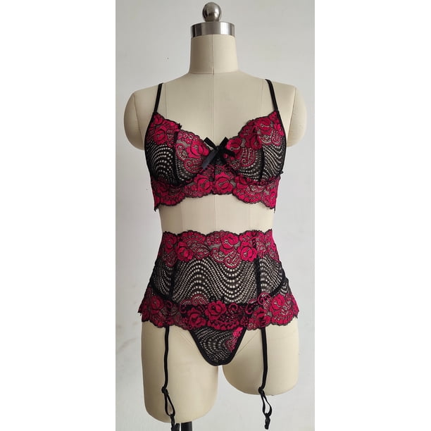 Conjunto de 3 piezas de lencería sexy de encaje tridimensional de dos colores