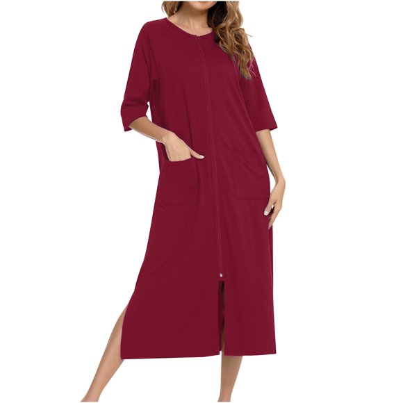 JIUKE Womens Robes 3/4 Sleeve Full Zipper Housecoat Loose Casual Lightweight Bath Robes with Pockets S