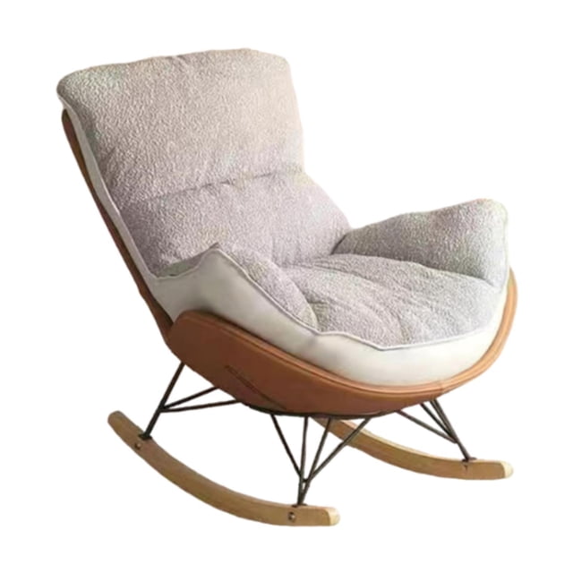 mecedora,mecedora moderna sofá hogar dormitorio oficina,sofá perezoso informal,silla,muebles relajantes para el hogar,lectura jardín mecedora lazy lounge silla juegos,mecedora home lazy a mecedora 3/4 con tapizado de poliéster color claro y relleno de esponja de alta densidad; respaldo alto y apoyabrazos curvados, base mecedora con rieles de madera clara, estructura metálica cruzada negra y tablero de madera engrosada visible; diseño ergonómico con apoyo lumbar, uso recomendado en sala o dormitorio, medidas aprox. 100 x 75 x 70 cm.