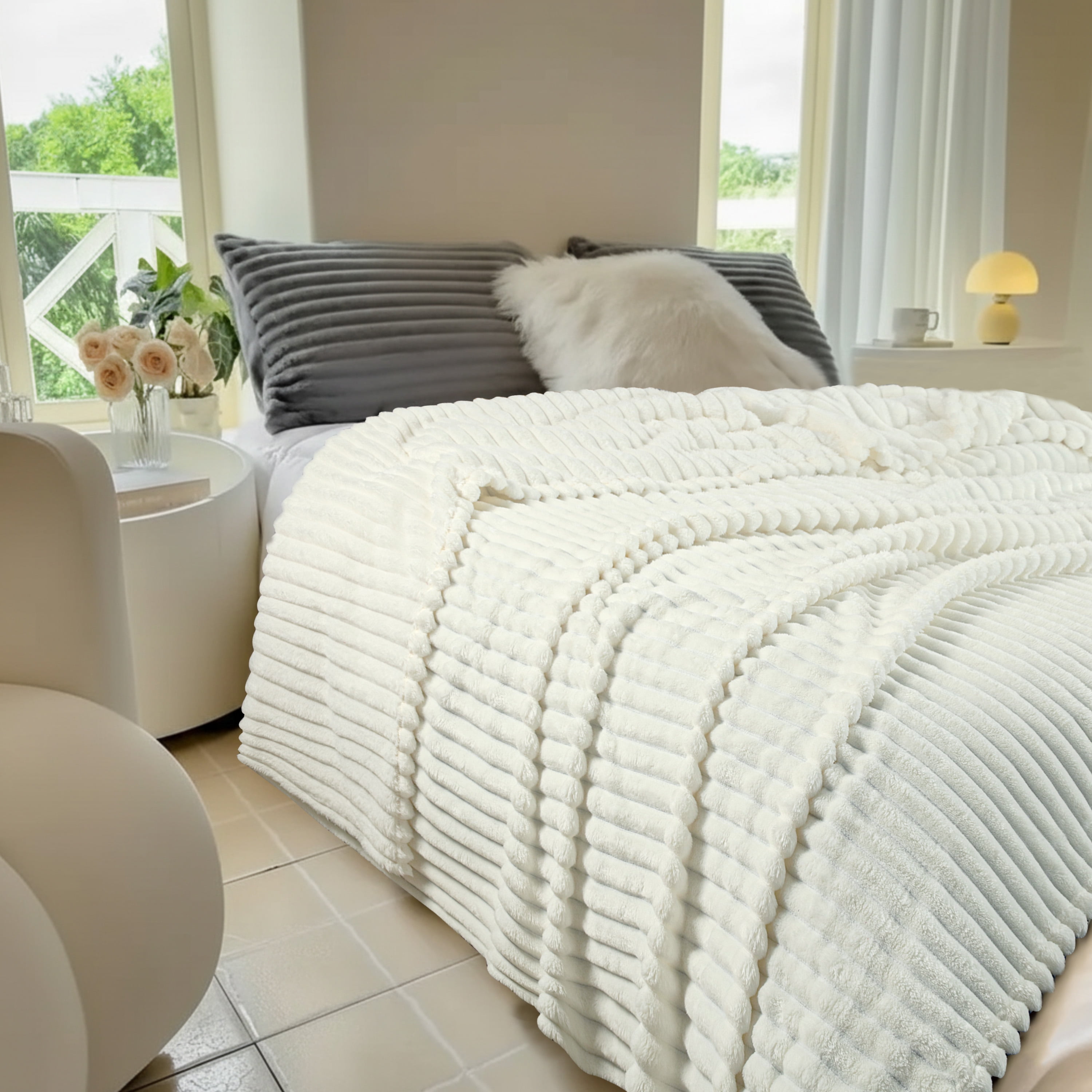 Fleece Blanket Queen Size 90" x 100" - 400GSM Oversized Soft Throw Blanket, Lightweight with Stripes Design Winter Blanket for Bed Sofa Couch