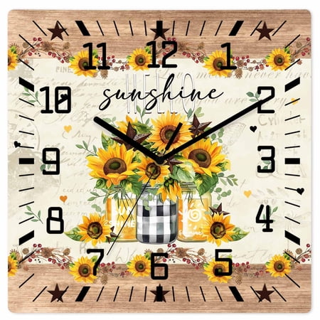Sunflower Vintage Wooden Wall Clock Silent Non Ticking, Farmhouse Floral Botanical Brown Wooden Square Wall Clocks Battery Operated, Decor Clock for Home Office, Living Room, Kitchen, 12 Inch