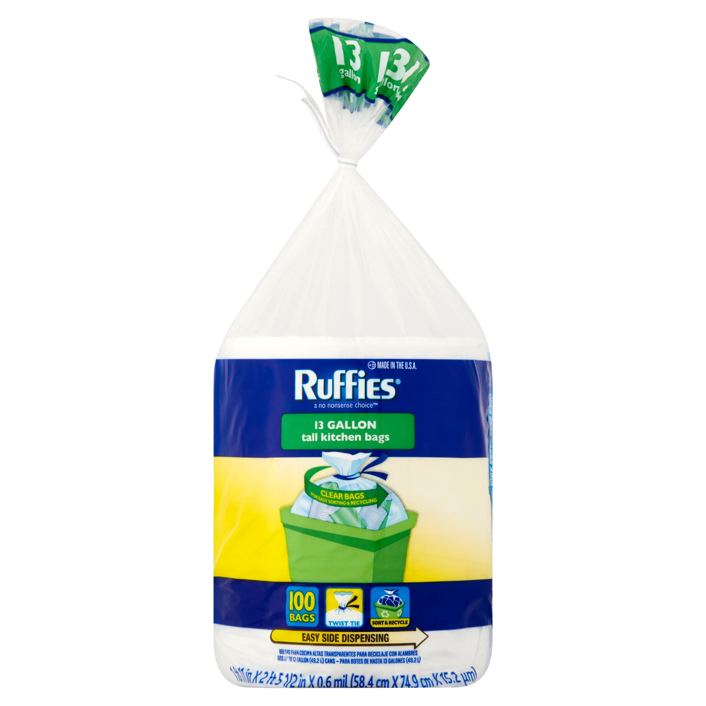 Ruffies Clear Recycling Tall Kitchen Twist Tie Trash Bags, 13 Gallon