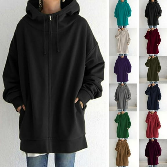 Hoodies for Women Zpanxa Women's Solid Color Zip up Hoodie, Long Tunic Sweatshirts Jackets, Plus Size Winter Warm Coats, Mid Length Hoodies Jackets Outwear with Pockets Black L