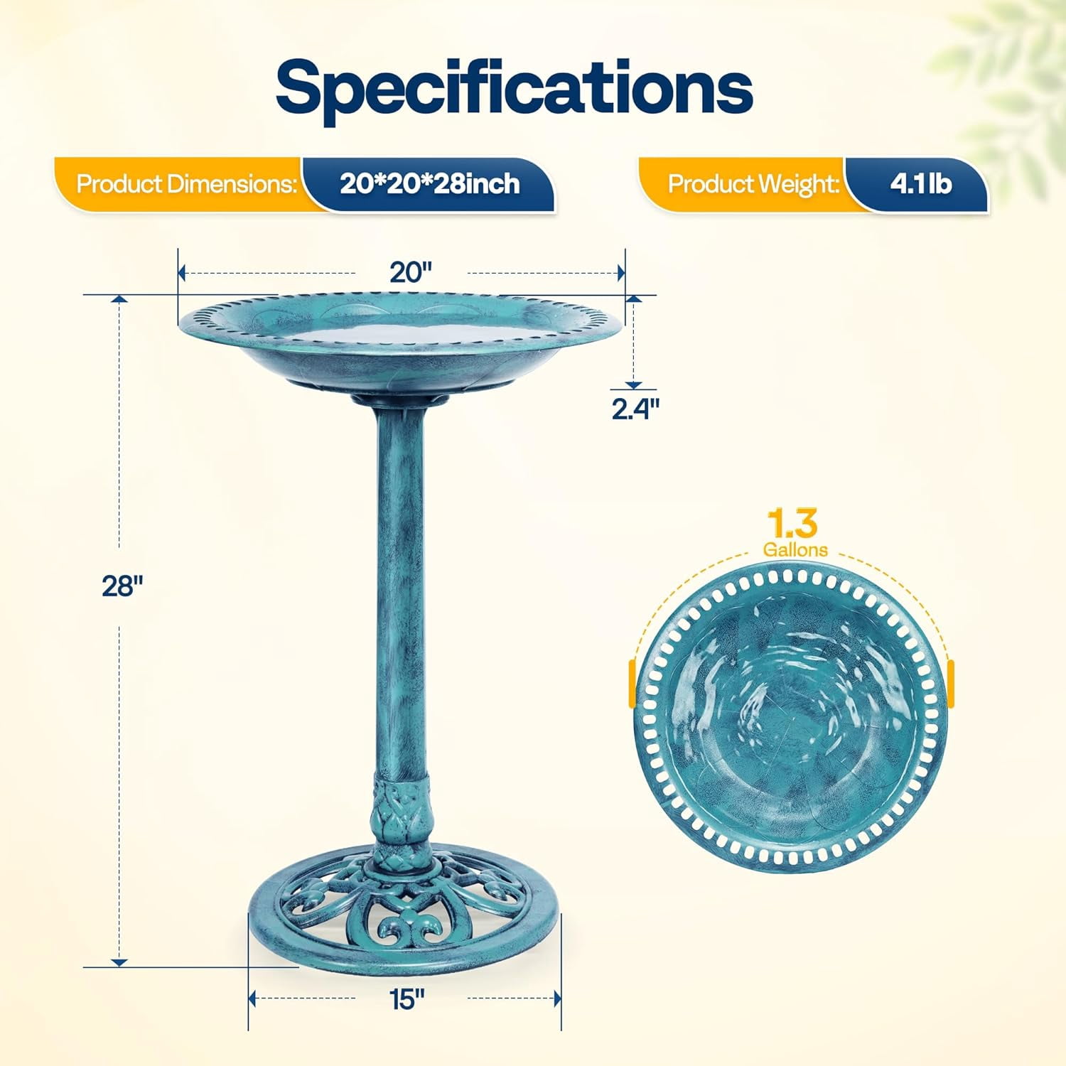 SPECSTAR Bird Bath, 28 inch Height Polyresin Lightweight Antique Outdoor Garden Birdbath Blue