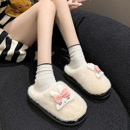 

Lilgiuy Animal Slippers for Women New Winter Cartoon Cute Rabbit Solid Color Plush Shoes Home Anti slip Keep Warm Cotton Sandals(White)