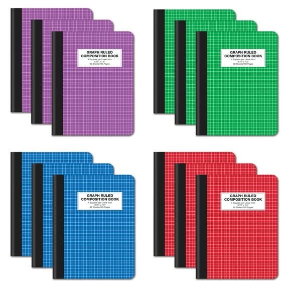 Better Office Products Quad Ruled Composition Book Notebook, Hardcover 4x4 Graph Ruled Paper, 80 Sheets, 9.75" x 7.5", Assorted Color Covers, 12 Pack