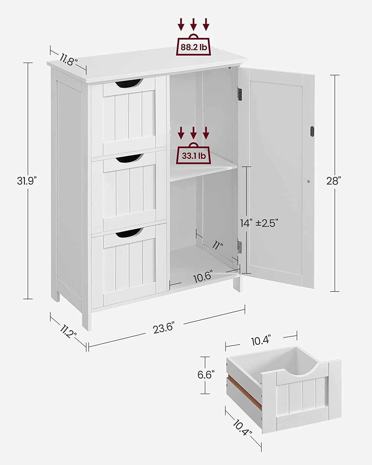 Floor Storage Cabinet, Freestanding Storage Unit with 3 Drawers, 1 Adjustable Shelf, White