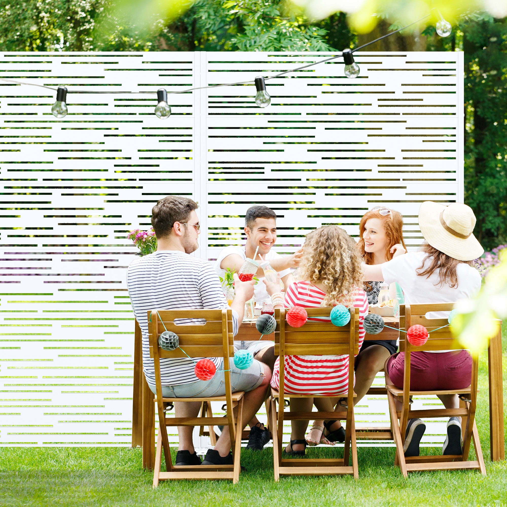 MAYEERTY 72×47" Outdoor White Metal Privacy Panel Screen for Backyard & Garden, Shadow Play Pattern