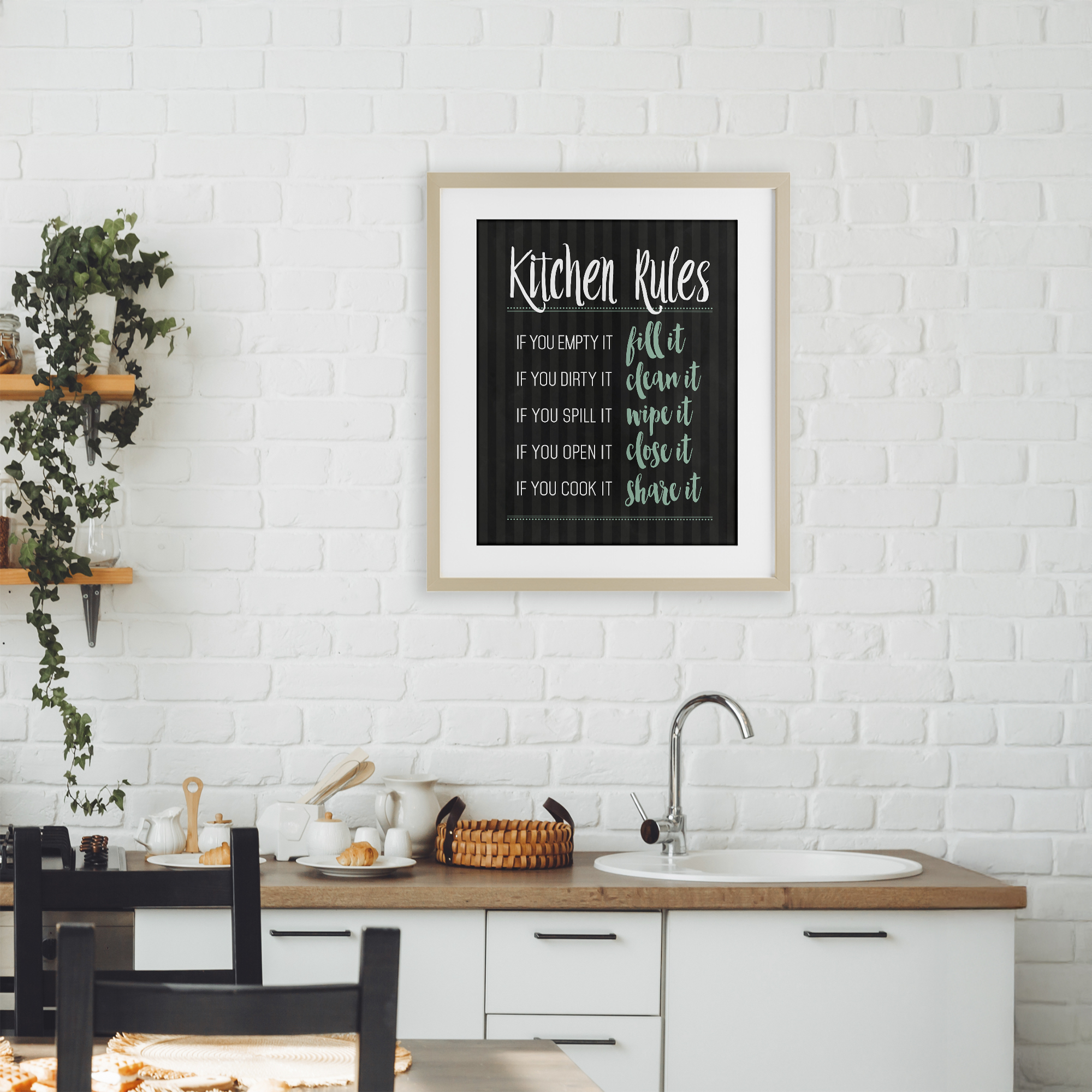 Kitchen Rules Black & Green Birch Framed Print Under Glass, design by Lettered and Lined