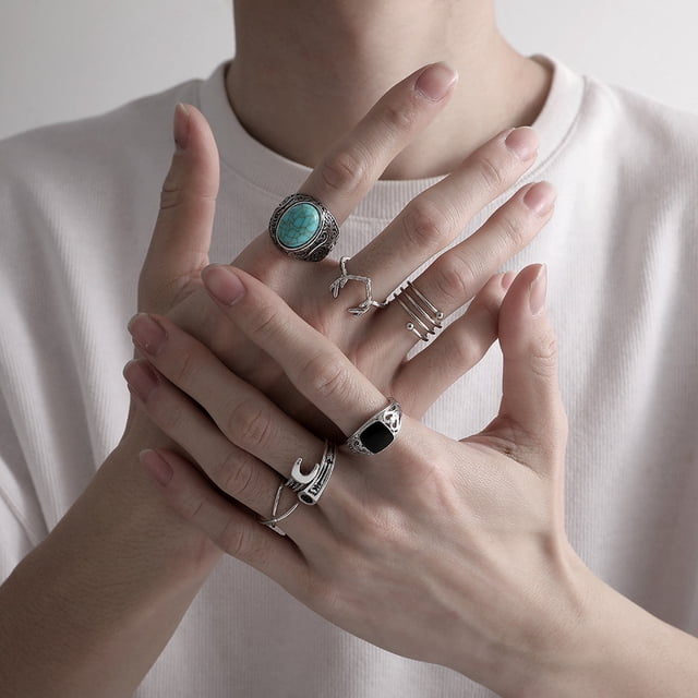 HomeKingdee 6 Pcs Men's Turquoise Wrench Antler Rings Set - Fashion Jewelry Gift for Birthday Christmas Valentine's Day Halloween Thanksgiving Home Party Supplies