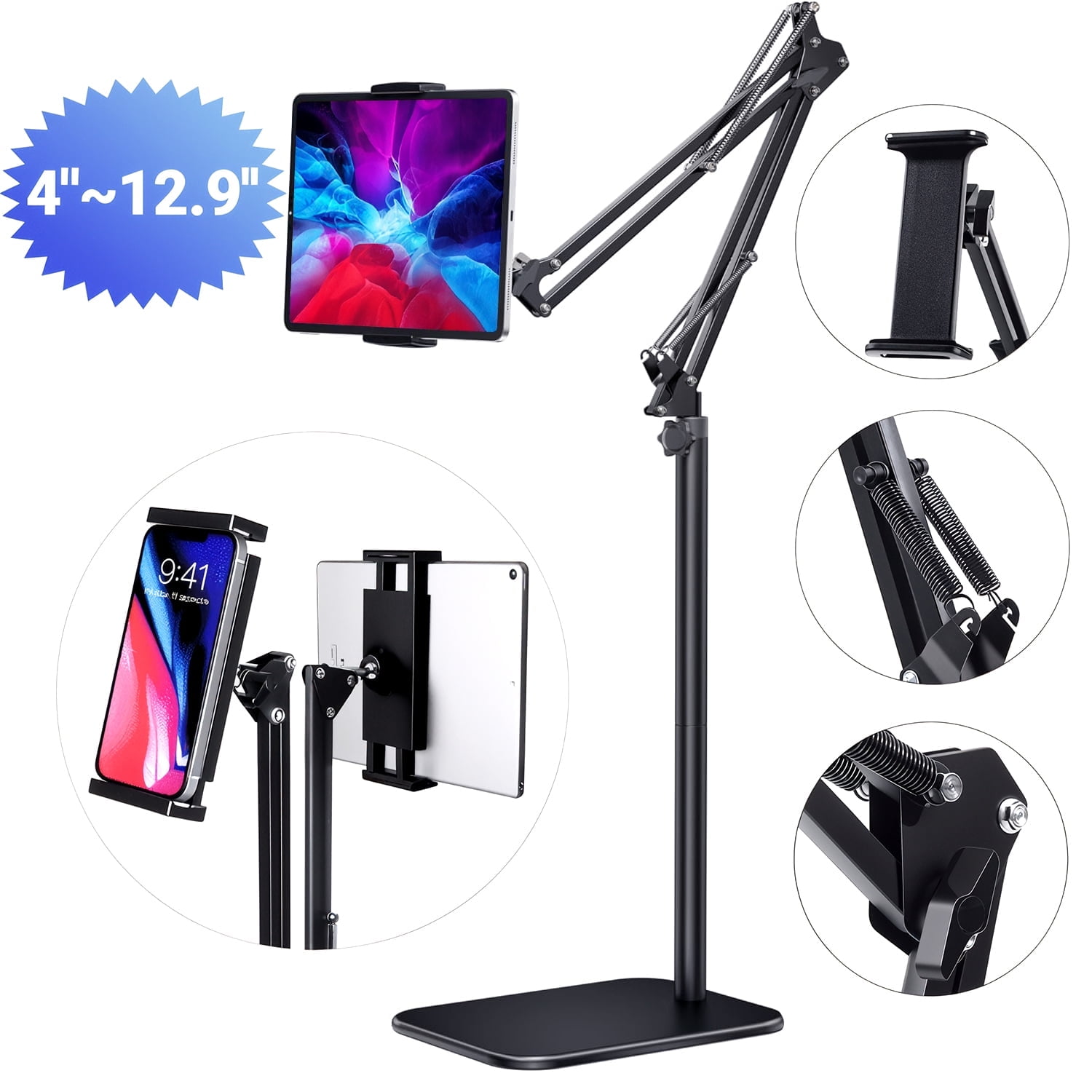 Hanru Tablet Floor Stand, 69" Height Adjustable 360-degree Rotatable Tablet Holder, Arm Stretchable Stand, Overhead Bed Phone Mount（4"~12.9''）