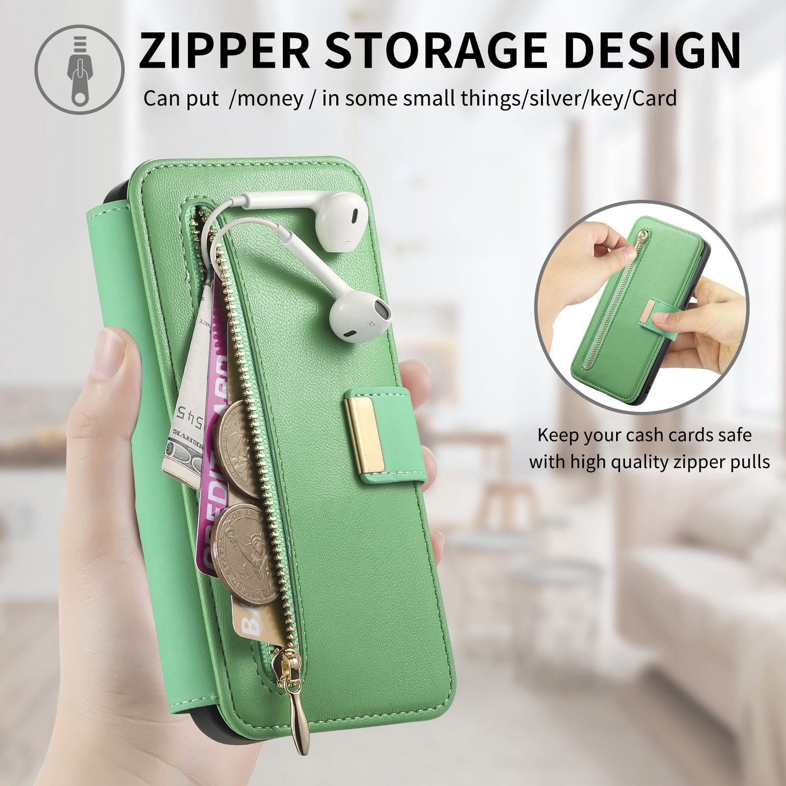 TECH CIRCLE for Galaxy S24 FE 2-in-1 Phone Case 6.7" 2024, Magnetic Back Cover with Removable Flip Wallet Case, with Card Slots/Ring Holder Grip, Compatible with MagSafe, PU Leather Case, Green