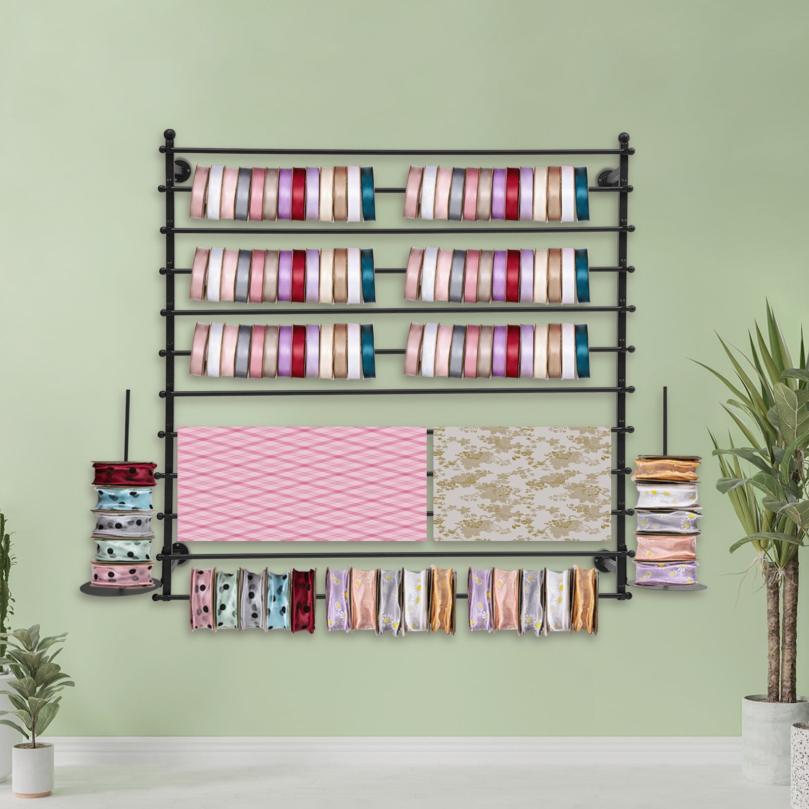 ToppiJoy 12 Rods Wall Mounted Ribbon Rack for Craft Room, Ribbon Organizer Wrapping Paper Rack for Craft Room, Cake Shop, Flower Shop Black