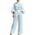 thumbnail image 2 of Cagogo Women Plus Size High Neck Puff Sleeve Blouse Wide Leg Pants Two Piece Set Solid Elegant Casual Matching Lounge Sets Loose Comfy Outfits Travel Airport Clothes, Blue 2XL, 2 of 7
