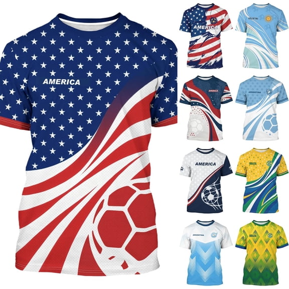 2026 Soccer Cup Dynamic Jersey for Men, Short Sleeve Crew Neck Athletic Tee with National Team Pattern & Ball Graphic for Match Day & Training Blue 16