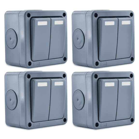 NineLeaf 4PK IP66 Waterproof Switch, SPDT Single Pole Double Throw Switch, 2 Way Dual Light Switch for Outdoor Garden, Weatherproof, 2Gang 10A Grey