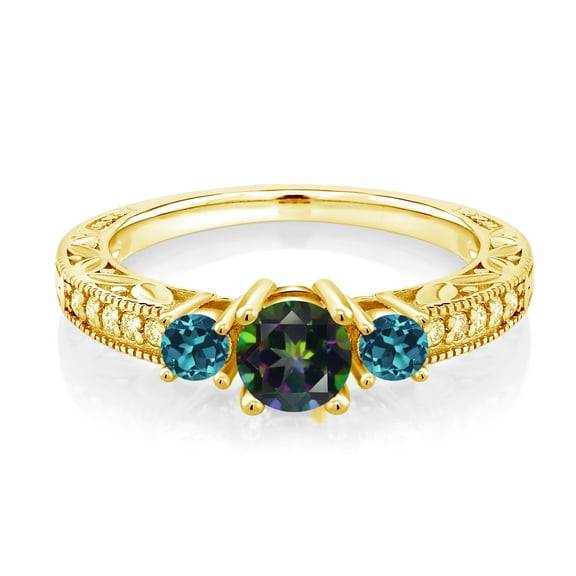 Gem Stone King 0.94 Ct Green Mystic Topaz London Blue Topaz 18K Yellow Gold Plated Silver Ring (Size 8)