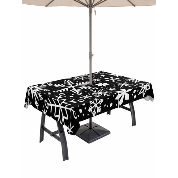 Outdoor Tablecloth with Umbrella Hole and Zipper, Snowflake Black Rectangle Table Cloth 52x70 Inch Waterproof Tablecloth, Christmas Winter Snowfall Xmas Holiday Picnic Table Cover for Patio Camping