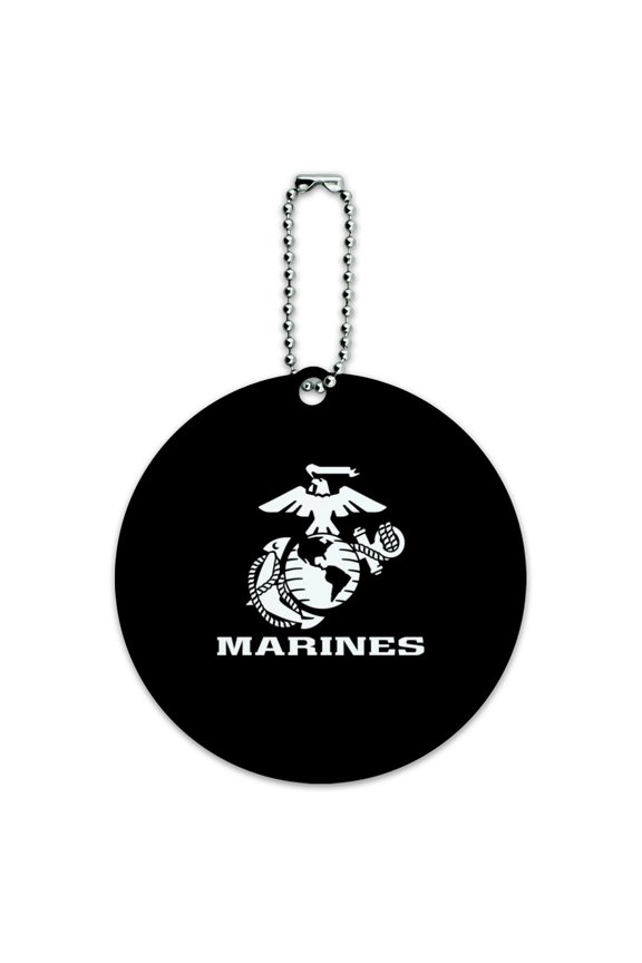 Marines Text USMC White Logo on Black Officially Licensed Round Luggage ID Tag Card Suitcase Carry-On