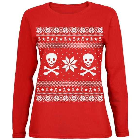 Skull & Crossbones Ugly Christmas Sweater Womens Long Sleeve T Shirt Red LG