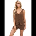 thumbnail image 3 of Conjunto de 2 Piezas de Ropa de Estar Informal de Punto para Mujer, con Escote en V y Lazo Frontal, Chaleco y Pantalones Cortos A Juego, para Playa Marrón M, 3 of 7