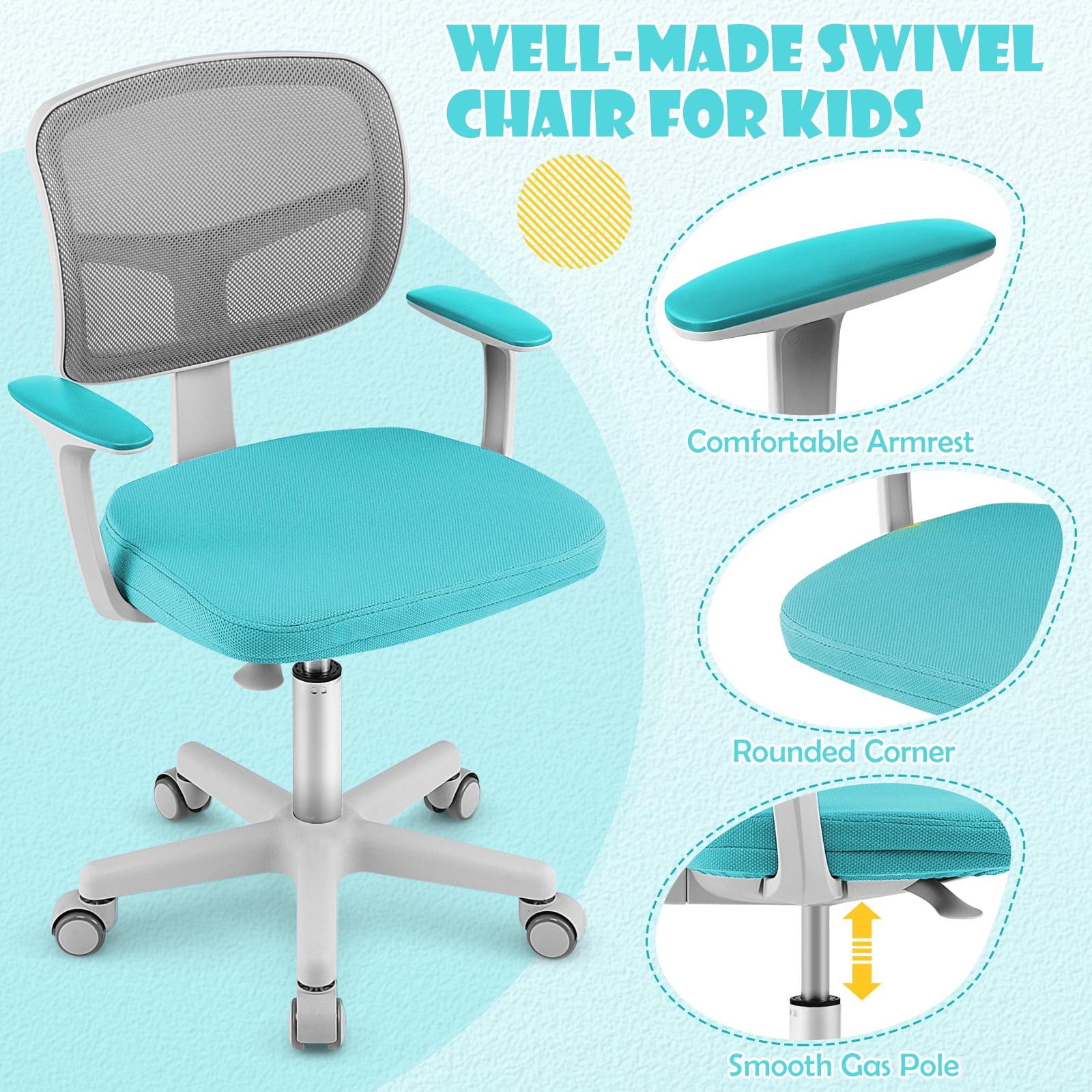 Costway Auto Lock Kids Mesh Chair with Armrests Height Adjustable 360-Degree Swive Green