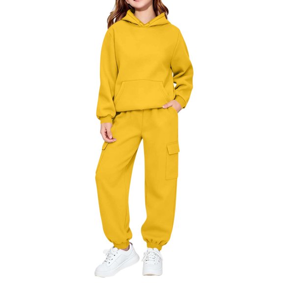 PInxai Sweatsuits for Girls Boys Casual Workout Sets Hooded Pullover Tops Lightweight Elastic Waisted Joggers Kids Clothes,Yellow,90