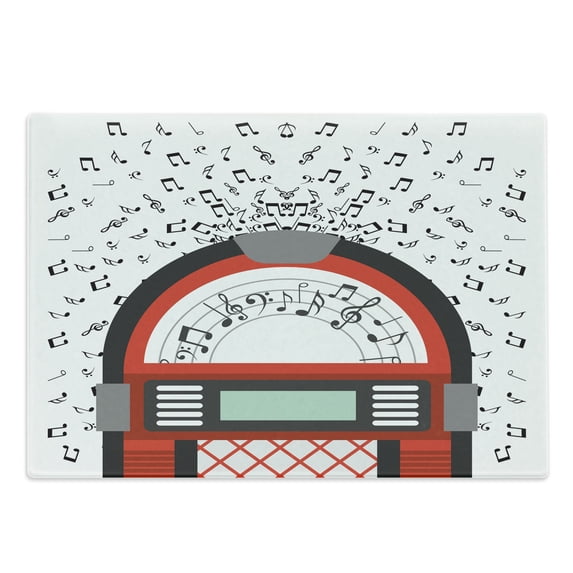 Jukebox Cutting Board, Cartoon Party Music Antique Old Vintage Retro Box with Notes Art, Decorative Tempered Glass Cutting and Serving Board, Large Size, White Black Red, by Ambesonne
