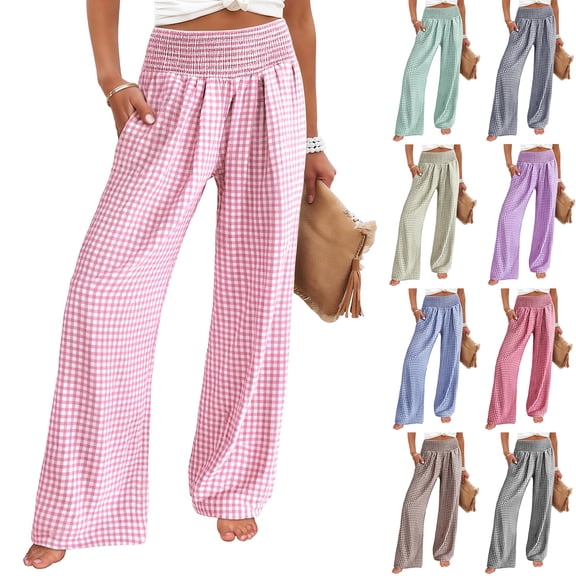 Women's Boho Chic Gingham Trousers with Elastic Smocked Waists and Flowy Wide Legs Cute Casual Trousers with Pockets Black L