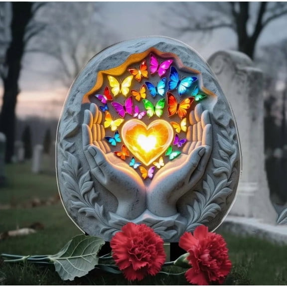 Butterfly Heart Memorial Garden Stake, 2D Cemetery Decorative Plaque with LED Light, Weatherproof Ground Plug Decoration for Outdoor Yard lawn