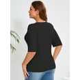 thumbnail image 6 of SHOWMALL Women's Plus Tops Henley Elbow Sleeve Top Casual Ribbed Curved Shirts Black 2X Knit Fitted Effortless Style Top, 6 of 7